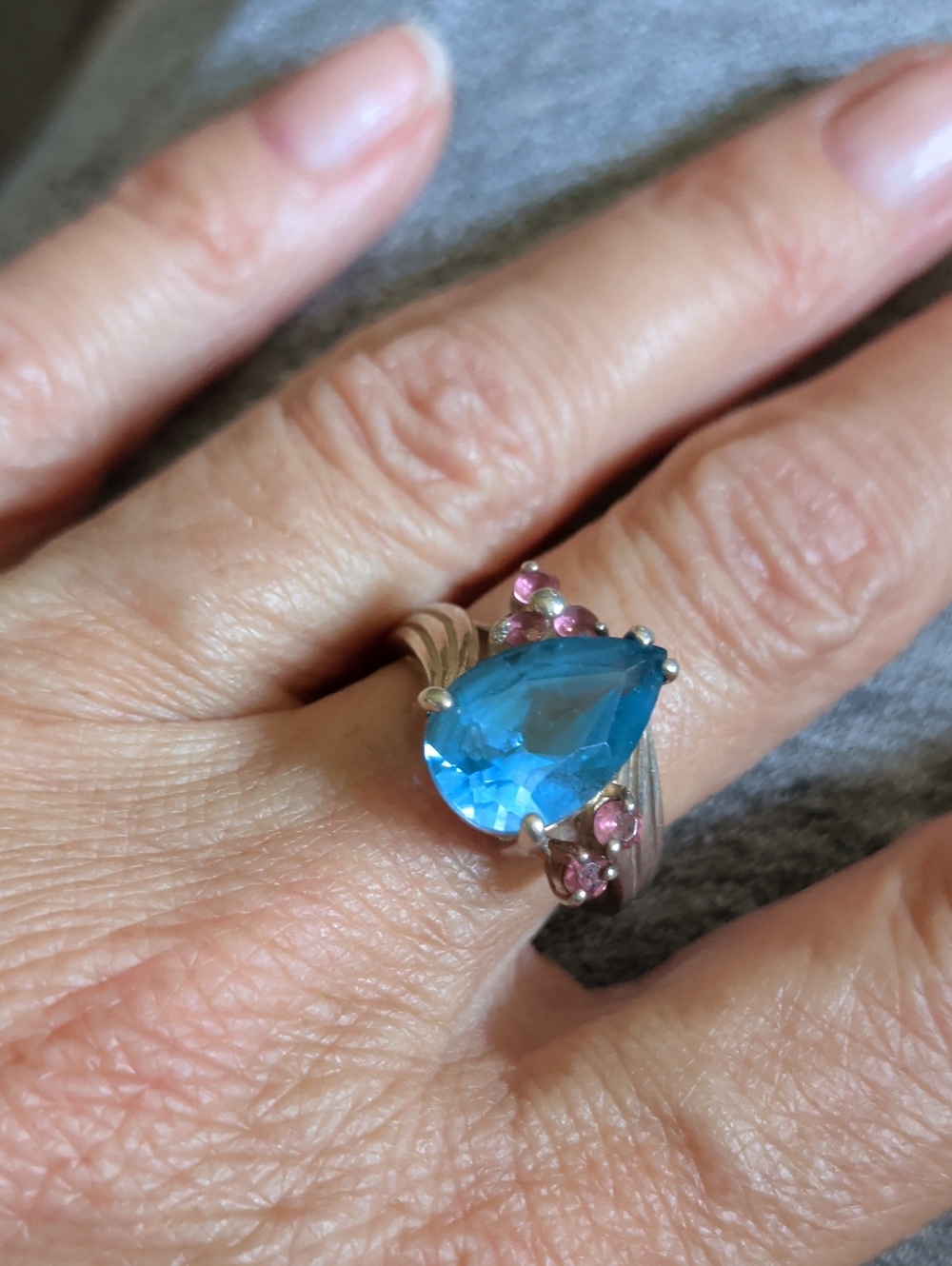 S.S. Blue Teardrop Crystal Ring with Pink Accents - Women Jewelry